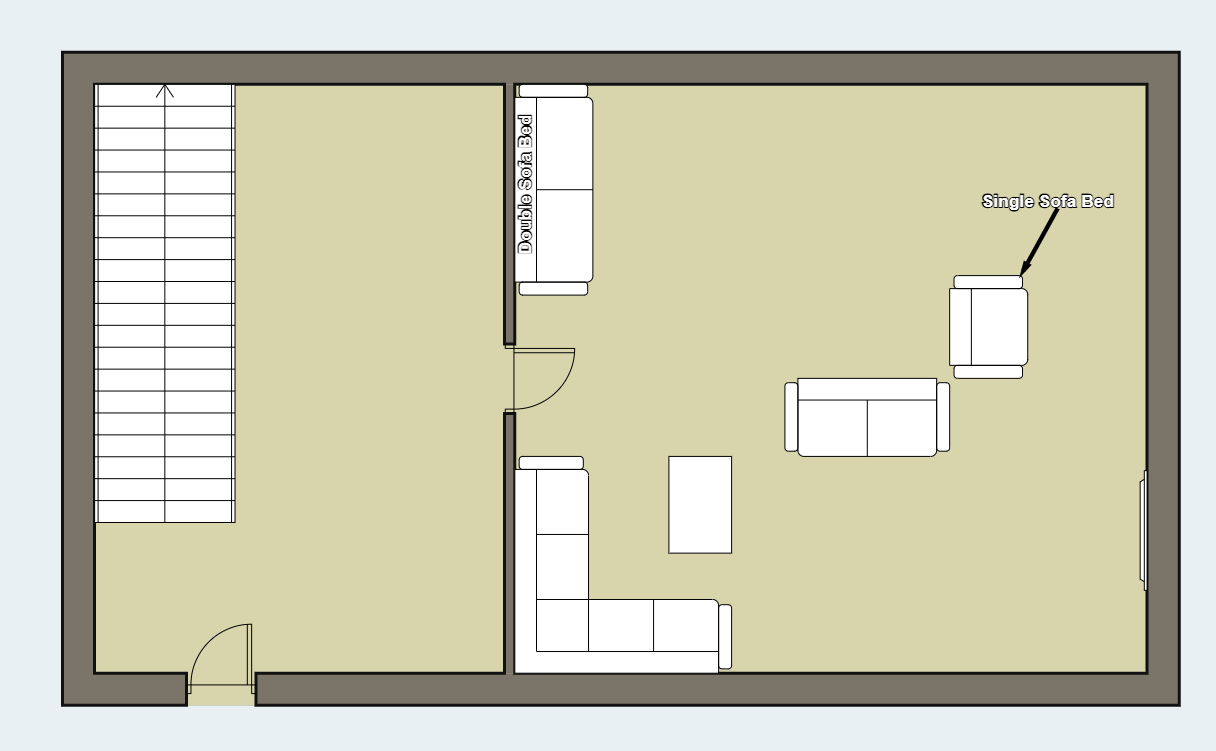 Large living room with 1 double and 1 single sofa bed